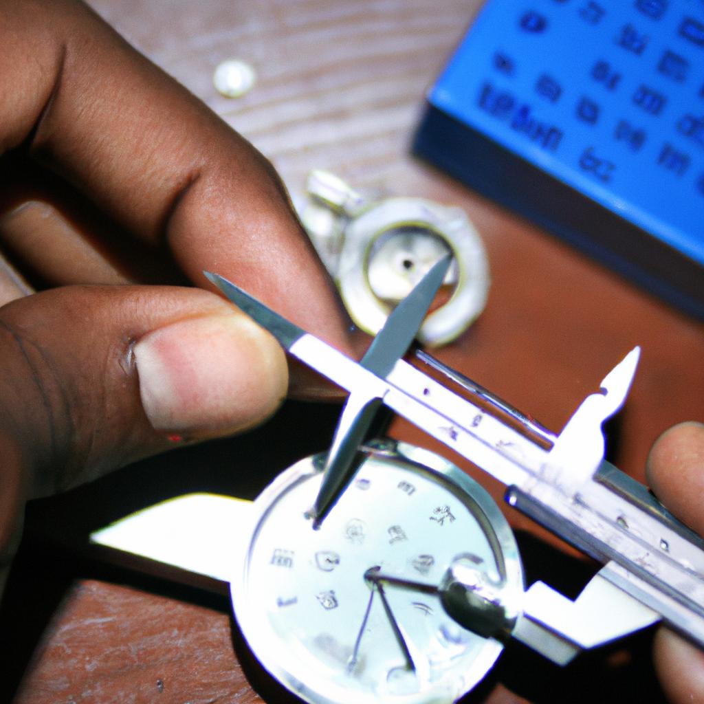 Person measuring watch with caliper