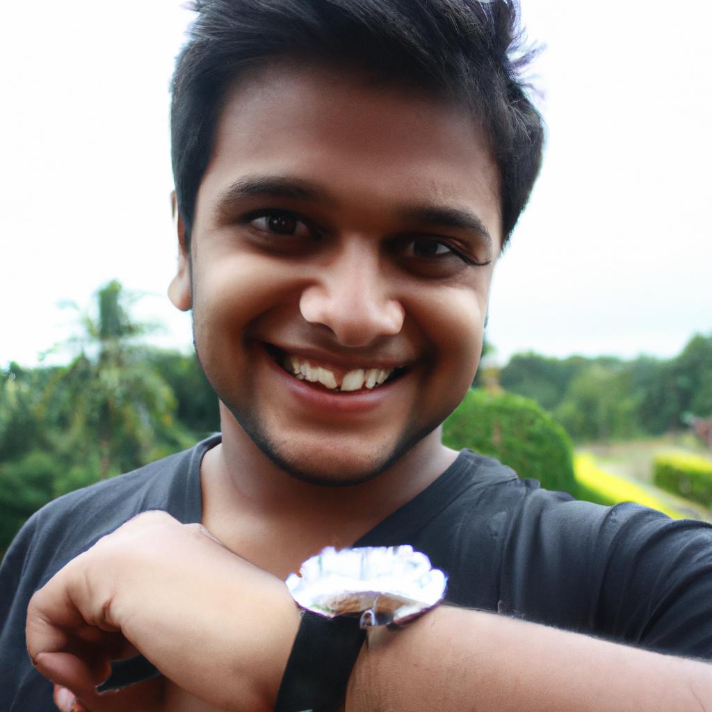 Person holding a wristwatch, smiling