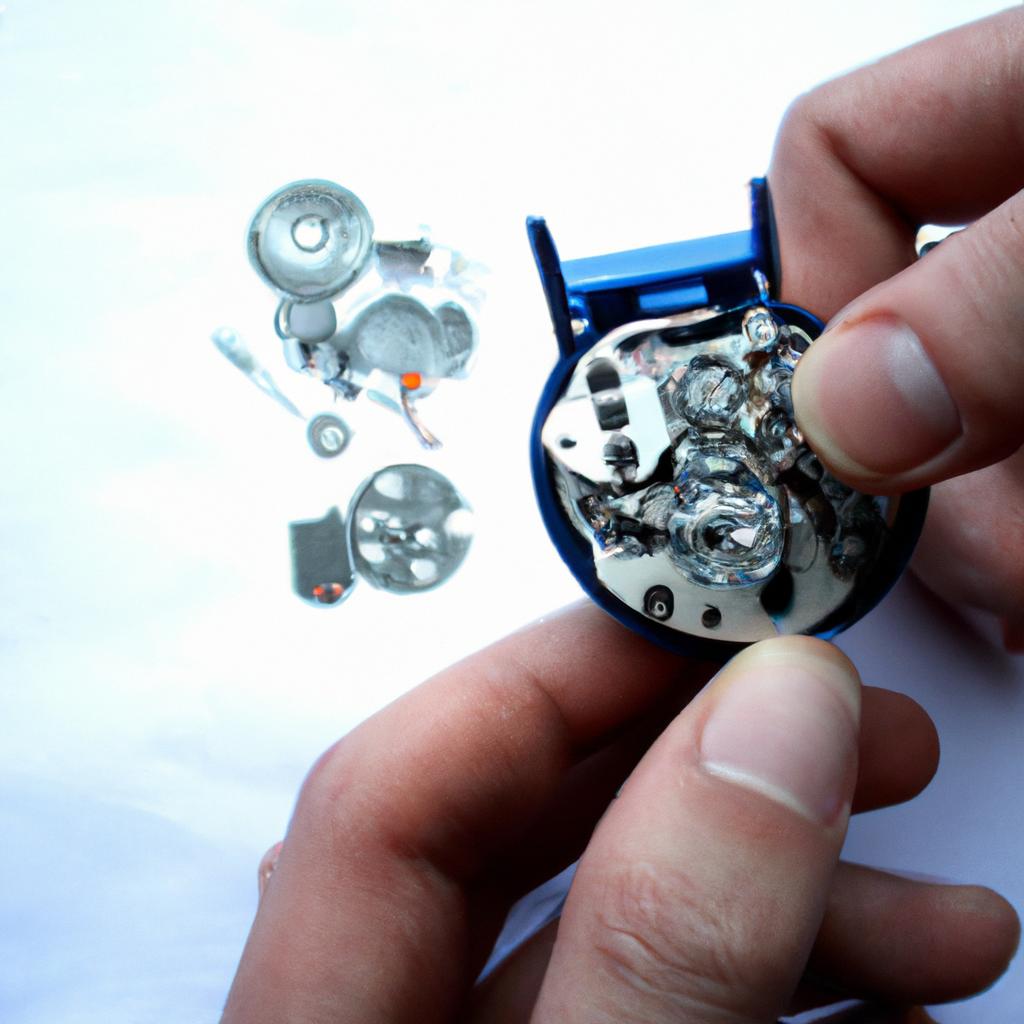 Person examining watch movement parts